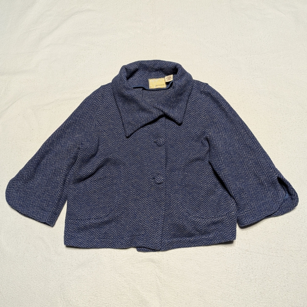 Anthropologie Guinevere Lambswool Coat Chevron Print Size M Medium Blue Cropped